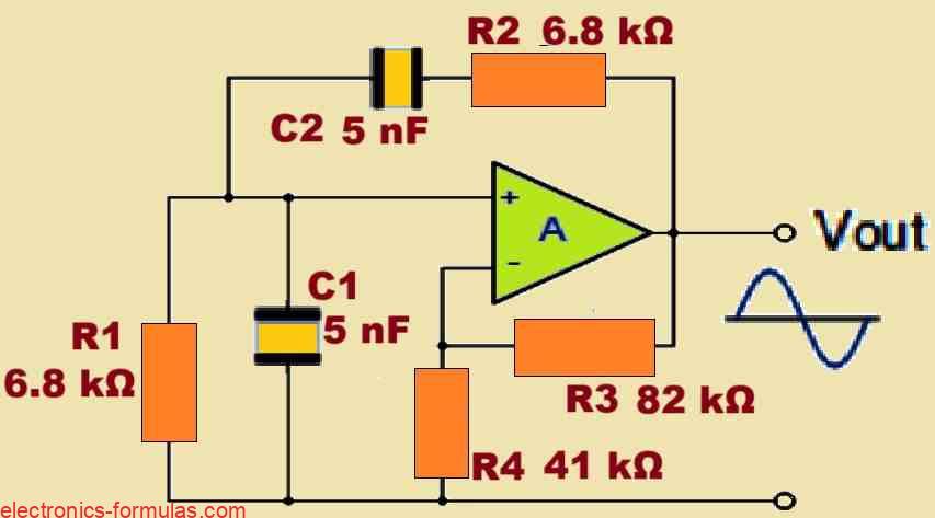 Wien Bridge Oscillator Circuit Diagram with Calculated Part Values