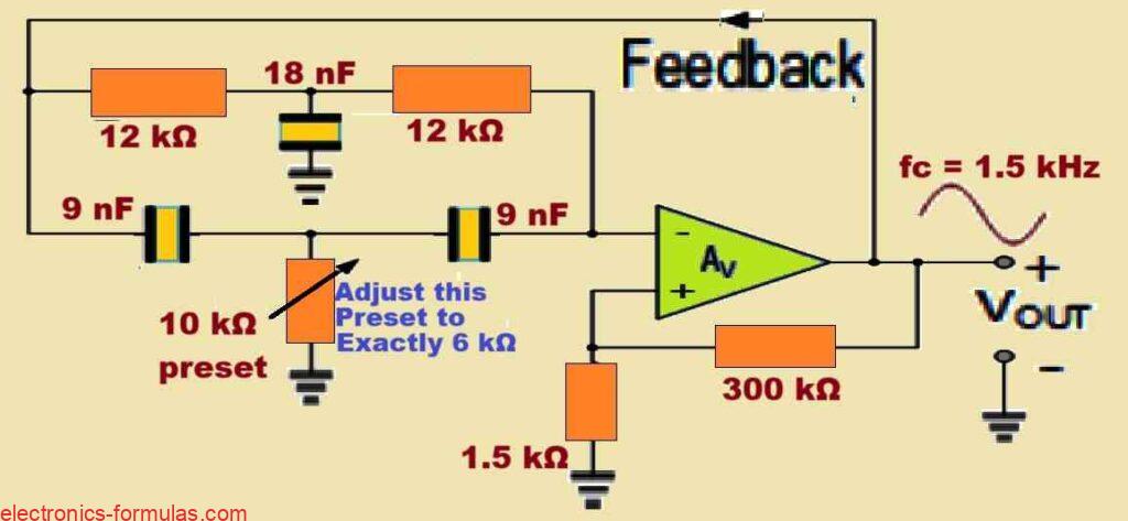 calculated circuit diagram of op-amp based Twin-T Oscillator circuit