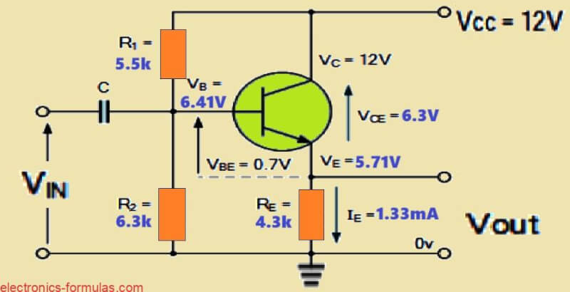 Common Collector BJT Amplifier Circuit using calculated part values