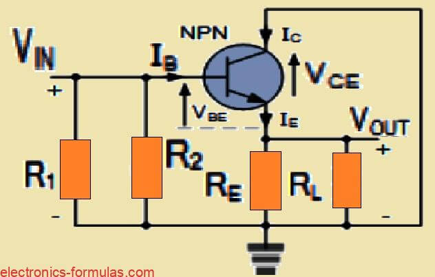 common collector BJT amplifier circuit with all the voltages and currents related to biasing and small signal